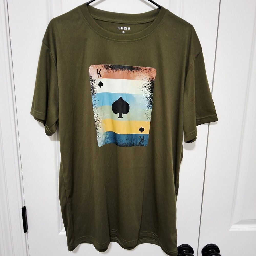 Shein Men's King of Spades Dri-Fit Graphic T-shirt Olive Green Size XL